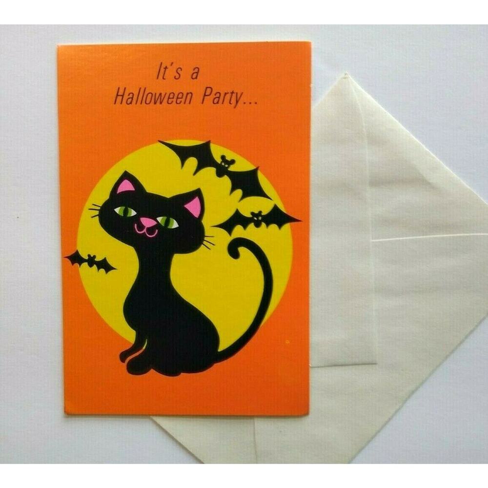 Halloween Greeting Card Vintage Party Invite Black Cat With Bats Rust Craft